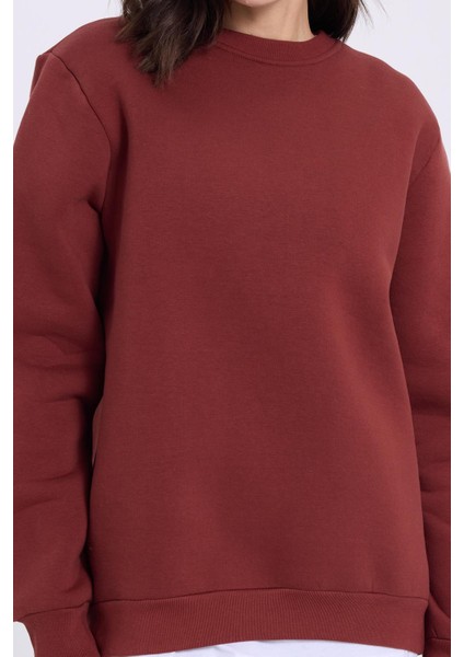 Kadın Oversize Geniş Kesim Pamuklu Yumuşak Dokulu İçi Polarlı Basic Kiremit Bisiklet Yaka Sweatshirt fiyatları