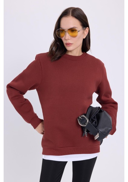 Kadın Oversize Geniş Kesim Pamuklu Yumuşak Dokulu İçi Polarlı Basic Kiremit Bisiklet Yaka Sweatshirt fırsatları