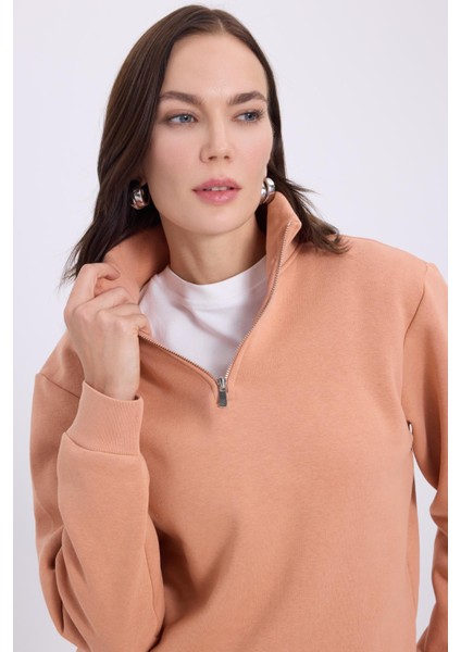 Kadın Relax Fit Rahat Kesim Pamuklu İçi Polarlı Yarım Fermuarlı Yavruağzı Dik Yaka Sweatshirt