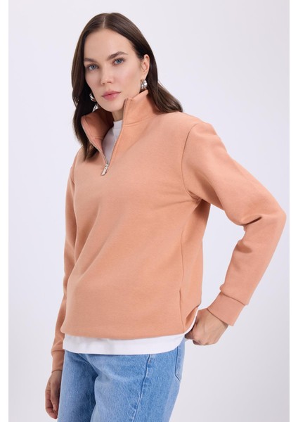 Kadın Relax Fit Rahat Kesim Pamuklu İçi Polarlı Yarım Fermuarlı Yavruağzı Dik Yaka Sweatshirt fırsatları