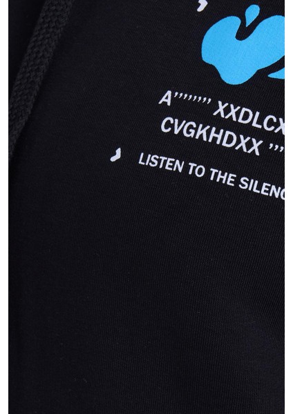 Kadın Oversize Geniş Kesim Pamuklu Yumuşak Dokulu İçi Polarlı Baskılı Siyah Kapüşonlu Sweatshirt