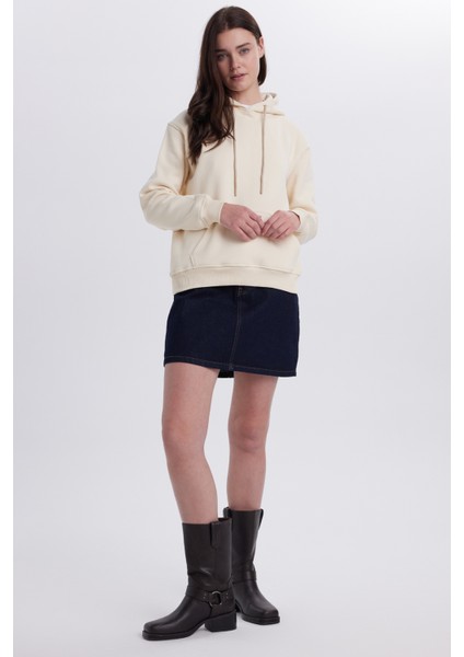 Kadın Relax Fit Rahat Kesim Pamuklu Kapüşonlu Kanguru Cepli Taş Sweatshirt fırsatları