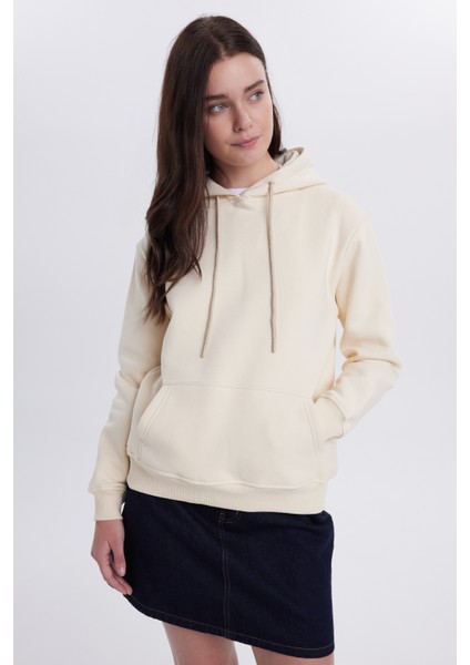 Kadın Relax Fit Rahat Kesim Pamuklu Kapüşonlu Kanguru Cepli Taş Sweatshirt indirimleri