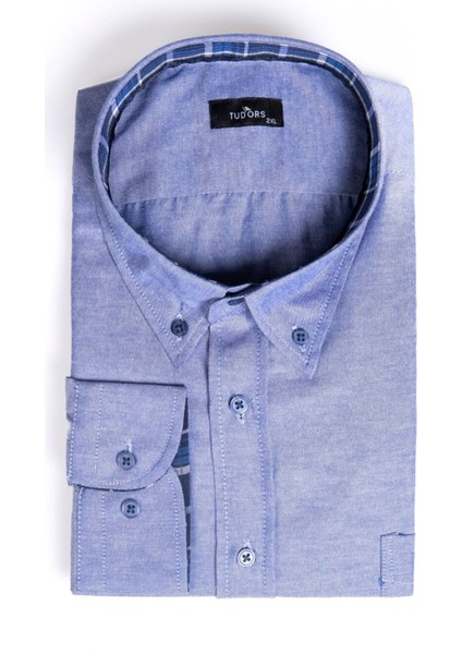 Erkek Big Size Büyük Beden Uzun Kollu Pamuklu Oxford Doku Tek Cepli Sax Mavi Düğmeli Yaka Gömlek fiyatları