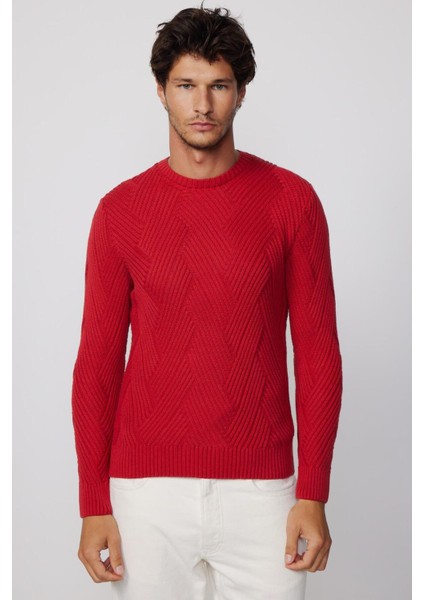 Erkek Bisiklet Yaka Desenli Yumuşak Dokulu Kırmızı Triko Kazak fiyatları