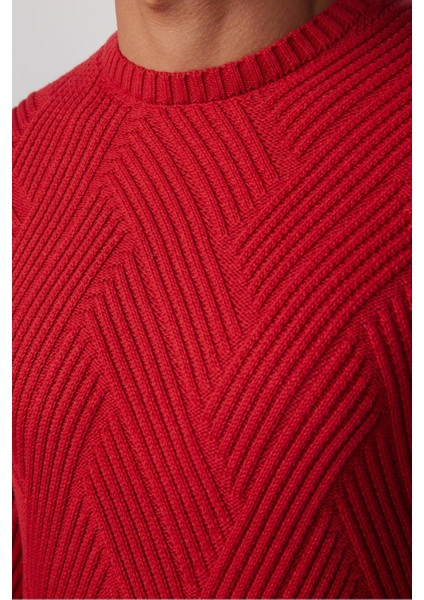 Erkek Bisiklet Yaka Desenli Yumuşak Dokulu Kırmızı Triko Kazak fırsatları