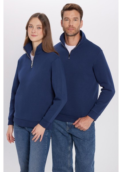 Unisex Relax Fit Rahat Kesim Pamuklu Içi Polarlı Yarım Fermuarlı Lacivert Dik Yaka Sweatshirt modelleri