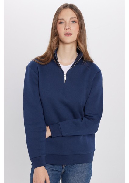 Unisex Relax Fit Rahat Kesim Pamuklu Içi Polarlı Yarım Fermuarlı Lacivert Dik Yaka Sweatshirt fırsatları
