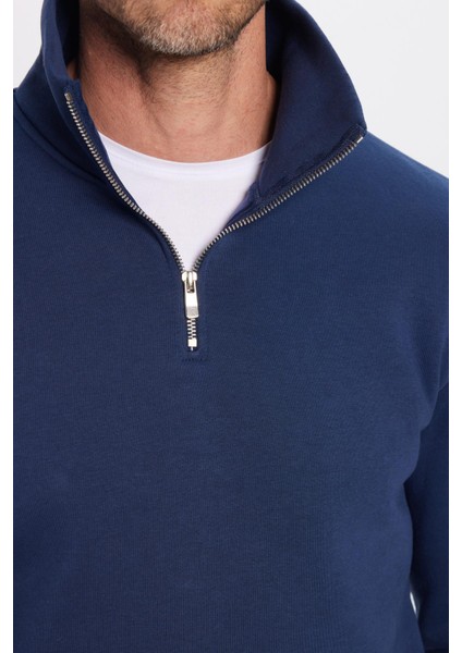 Unisex Relax Fit Rahat Kesim Pamuklu Içi Polarlı Yarım Fermuarlı Lacivert Dik Yaka Sweatshirt indirimleri