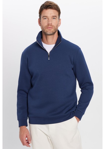 Unisex Relax Fit Rahat Kesim Pamuklu Içi Polarlı Yarım Fermuarlı Lacivert Dik Yaka Sweatshirt