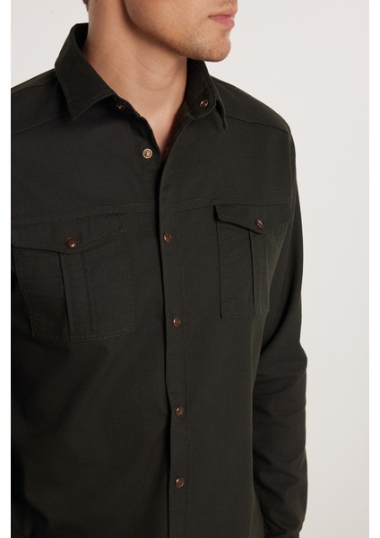 Erkek Slim Fit Dar Kesim Uzun Kollu Denim Kot Yıkamalı Çift Cepli Haki Spor Yaka Gömlek fırsatları