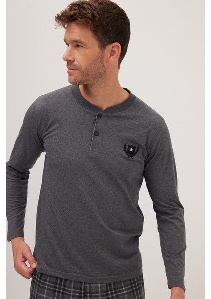 Erkek Regular Fit Pamuklu Düğmeli Yaka Beli Lastikli Desenli Gri Pijama Takımı fiyatları