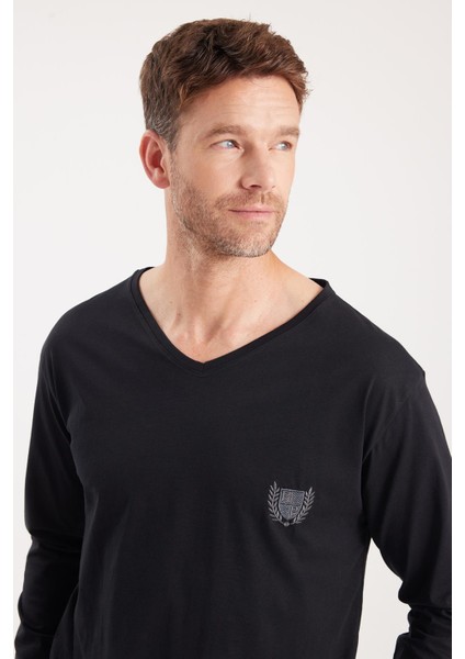 Erkek Standart Fit %100 Pamuk V Yaka Beli Lastikli Siyah Pijama Takımı fiyatları