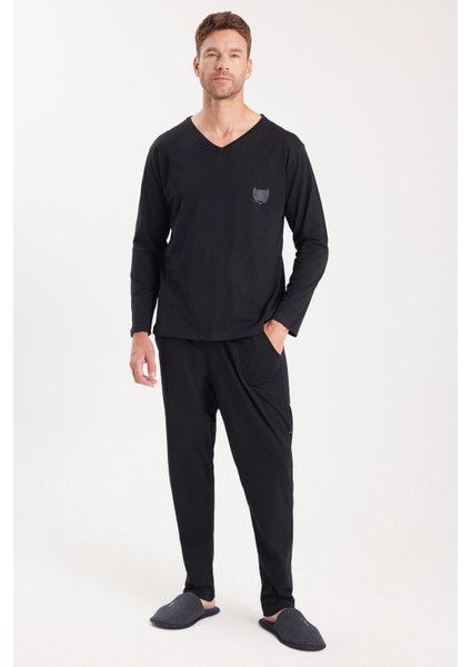 Erkek Standart Fit %100 Pamuk V Yaka Beli Lastikli Siyah Pijama Takımı fırsatları