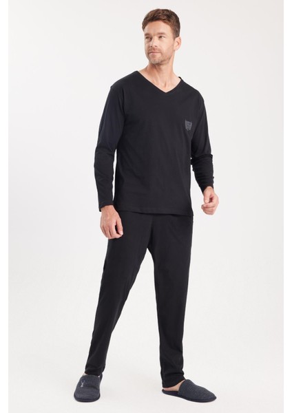 Erkek Standart Fit %100 Pamuk V Yaka Beli Lastikli Siyah Pijama Takımı indirimleri