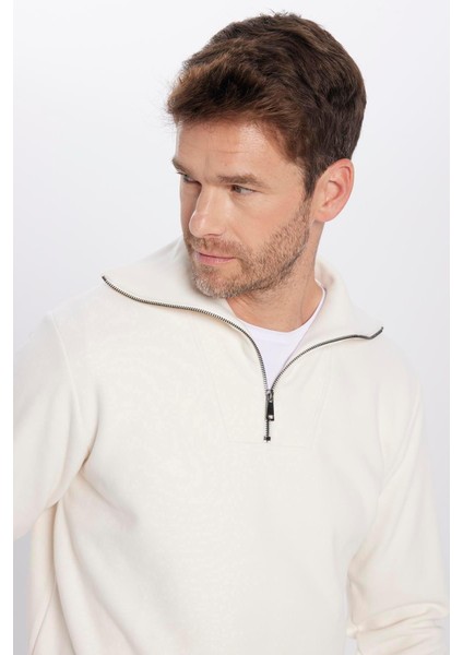 Unisex Relax Fit Rahat Kesim Fitilli Desenli Pamuklu Yarım Fermuarlı Ekru Dik Yaka Sweatshirt fiyatları