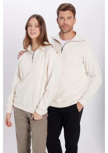 Unisex Relax Fit Rahat Kesim Fitilli Desenli Pamuklu Yarım Fermuarlı Ekru Dik Yaka Sweatshirt modelleri