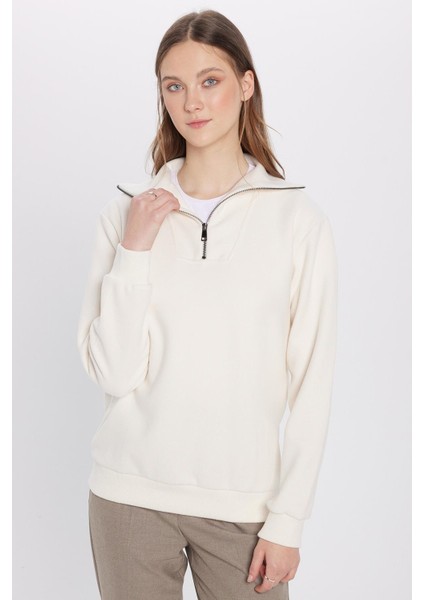 Unisex Relax Fit Rahat Kesim Fitilli Desenli Pamuklu Yarım Fermuarlı Ekru Dik Yaka Sweatshirt fırsatları