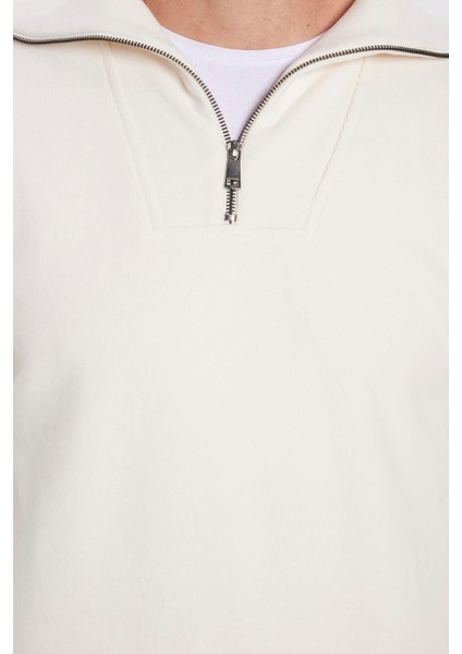 Unisex Relax Fit Rahat Kesim Fitilli Desenli Pamuklu Yarım Fermuarlı Ekru Dik Yaka Sweatshirt indirimleri