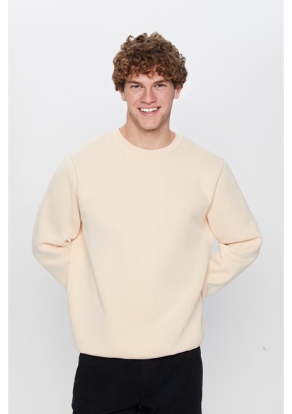 Unisex Relax Fit Rahat Kesim Pamuklu Yumuşak Dokulu İçi Polarlı Bej Renk Bisiklet Yaka Sweatshirt fiyatları