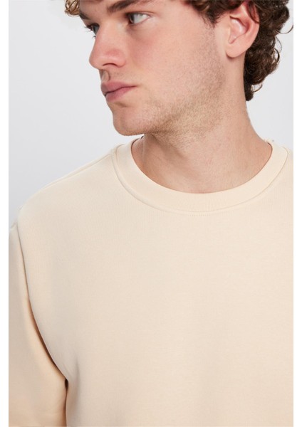 Unisex Relax Fit Rahat Kesim Pamuklu Yumuşak Dokulu İçi Polarlı Bej Renk Bisiklet Yaka Sweatshirt modelleri