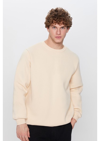 Unisex Relax Fit Rahat Kesim Pamuklu Yumuşak Dokulu İçi Polarlı Bej Renk Bisiklet Yaka Sweatshirt fırsatları