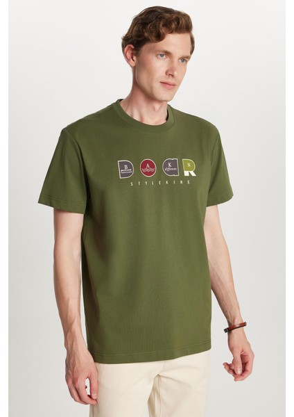 Relax Fit Rahat Kesim Pamuklu Ön Baskı Detaylı Bisiklet Yaka Haki Erkek Tişört fiyatları