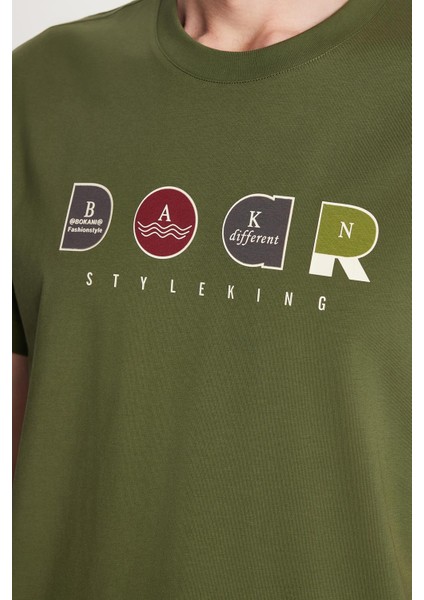 Relax Fit Rahat Kesim Pamuklu Ön Baskı Detaylı Bisiklet Yaka Haki Erkek Tişört modelleri