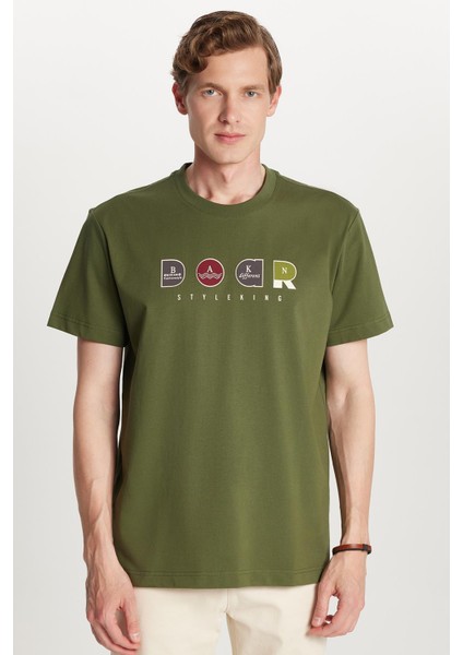 Relax Fit Rahat Kesim Pamuklu Ön Baskı Detaylı Bisiklet Yaka Haki Erkek Tişört fırsatları