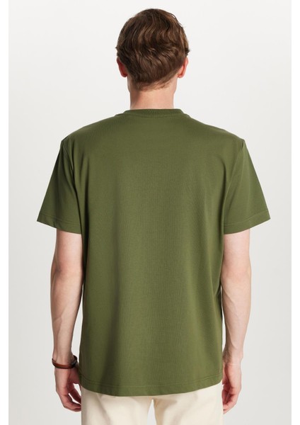Relax Fit Rahat Kesim Pamuklu Ön Baskı Detaylı Bisiklet Yaka Haki Erkek Tişört indirimleri
