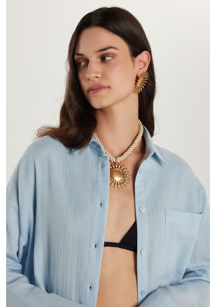 Kadın Oversize Geniş Kesim %100 Pamuk Müslin Kumaş Uzun Kollu Cepli Dokulu Mavi Gömlek fiyatları