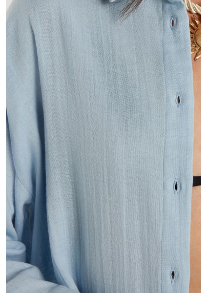 Kadın Oversize Geniş Kesim %100 Pamuk Müslin Kumaş Uzun Kollu Cepli Dokulu Mavi Gömlek modelleri