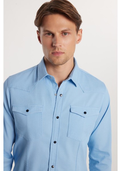 Slim Fit Uzun Kollu Gündelik Denim Kot Erkek Mavi Gömlek fiyatları