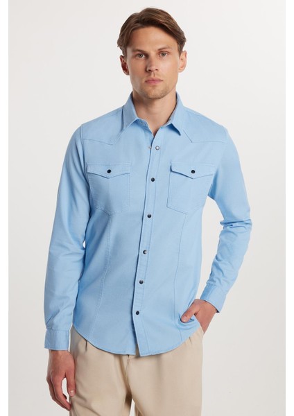 Slim Fit Uzun Kollu Gündelik Denim Kot Erkek Mavi Gömlek modelleri