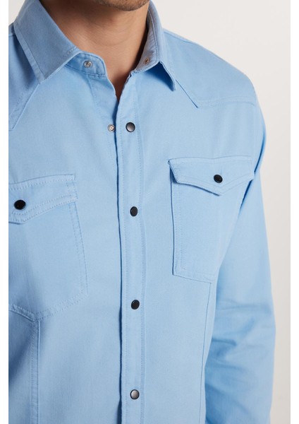 Slim Fit Uzun Kollu Gündelik Denim Kot Erkek Mavi Gömlek fırsatları