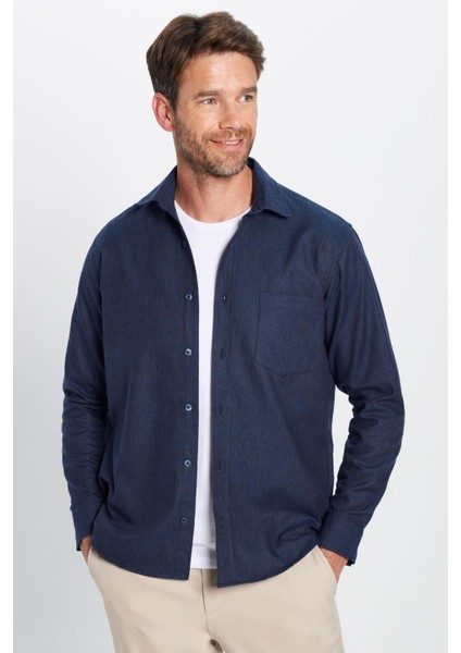 Erkek Regular Fit Klasik Kesim Pamuklu Tek Cepli Armürlü Kışlık Oduncu Lacivert Gömlek fiyatları