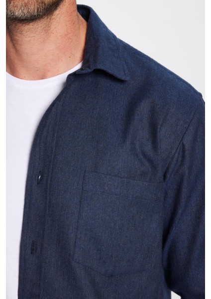 Erkek Regular Fit Klasik Kesim Pamuklu Tek Cepli Armürlü Kışlık Oduncu Lacivert Gömlek modelleri