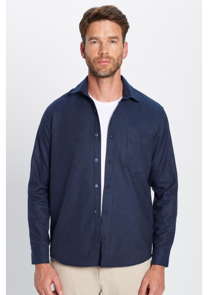 Erkek Regular Fit Klasik Kesim Pamuklu Tek Cepli Armürlü Kışlık Oduncu Lacivert Gömlek fırsatları