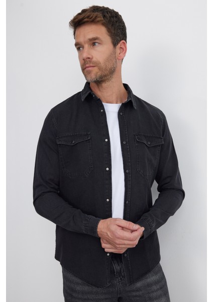 Erkek Slim Fit Dar Kesim Uzun Kollu denim Kot Çift Cep Çıtçıtlı Siyah Gömlek fiyatları
