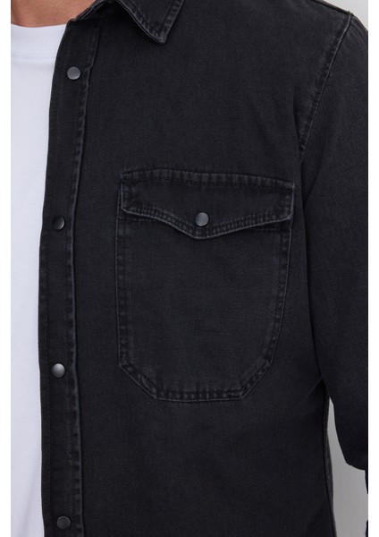 Erkek Slim Fit Dar Kesim Uzun Kollu denim Kot Çift Cep Çıtçıtlı Siyah Gömlek modelleri