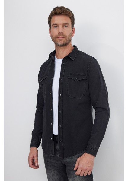 Erkek Slim Fit Dar Kesim Uzun Kollu denim Kot Çift Cep Çıtçıtlı Siyah Gömlek fırsatları