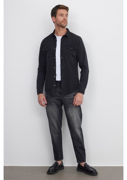 Erkek Slim Fit Dar Kesim Uzun Kollu denim Kot Çift Cep Çıtçıtlı Siyah Gömlek indirimleri