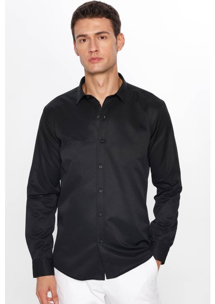 Erkek Modern Slim Fit Dar Kesim Uzun Kollu Pamuklu Kolay Ütü Armürlü Siyah Gömlek fiyatları