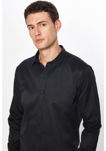 Erkek Modern Slim Fit Dar Kesim Uzun Kollu Pamuklu Kolay Ütü Armürlü Siyah Gömlek modelleri