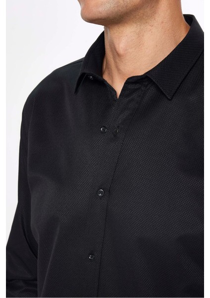 Erkek Modern Slim Fit Dar Kesim Uzun Kollu Pamuklu Kolay Ütü Armürlü Siyah Gömlek fırsatları