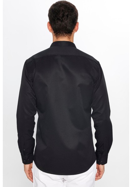 Erkek Modern Slim Fit Dar Kesim Uzun Kollu Pamuklu Kolay Ütü Armürlü Siyah Gömlek indirimleri
