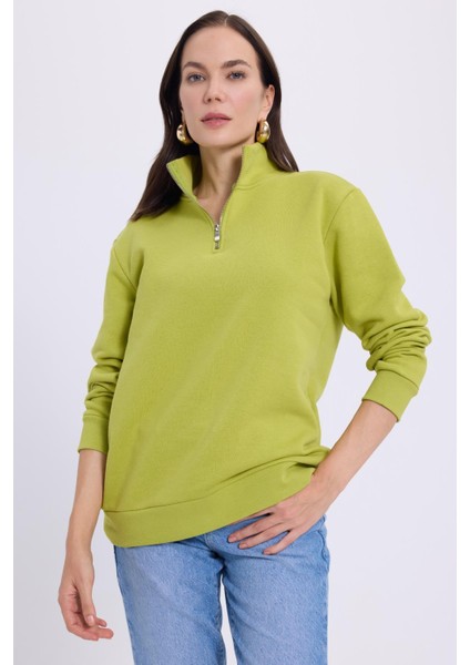 Kadın Relax Fit Rahat Kesim Pamuklu İçi Polarlı Yarım Fermuarlı Yeşil Dik Yaka Sweatshirt indirimleri