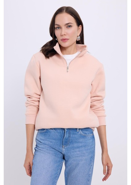 Kadın Relax Fit Rahat Kesim Pamuklu İçi Polarlı Yarım Fermuarlı Somon Dik Yaka Sweatshirt indirimleri