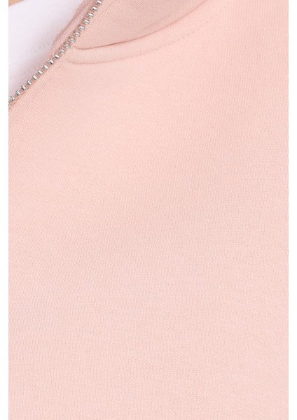 Kadın Relax Fit Rahat Kesim Pamuklu İçi Polarlı Yarım Fermuarlı Somon Dik Yaka Sweatshirt