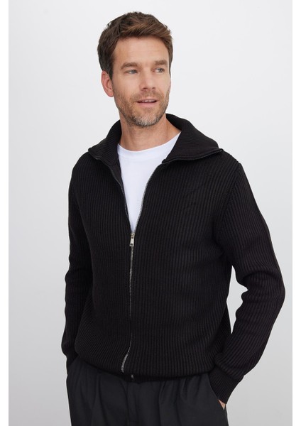 Erkek Slim Fit Dik Yaka Fermuarlı Siyah Düz Hırka fiyatları